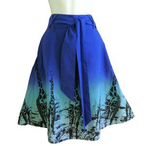 NEW Odille Anthropologie Giraffe Grasslands Ombre Blue Skirt Side Zip Flare Tie